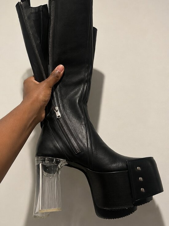 Rick Owens Shoes - Rick Owens Black Leather Platform Mid-Calf Boots Clear Lucite Heel
